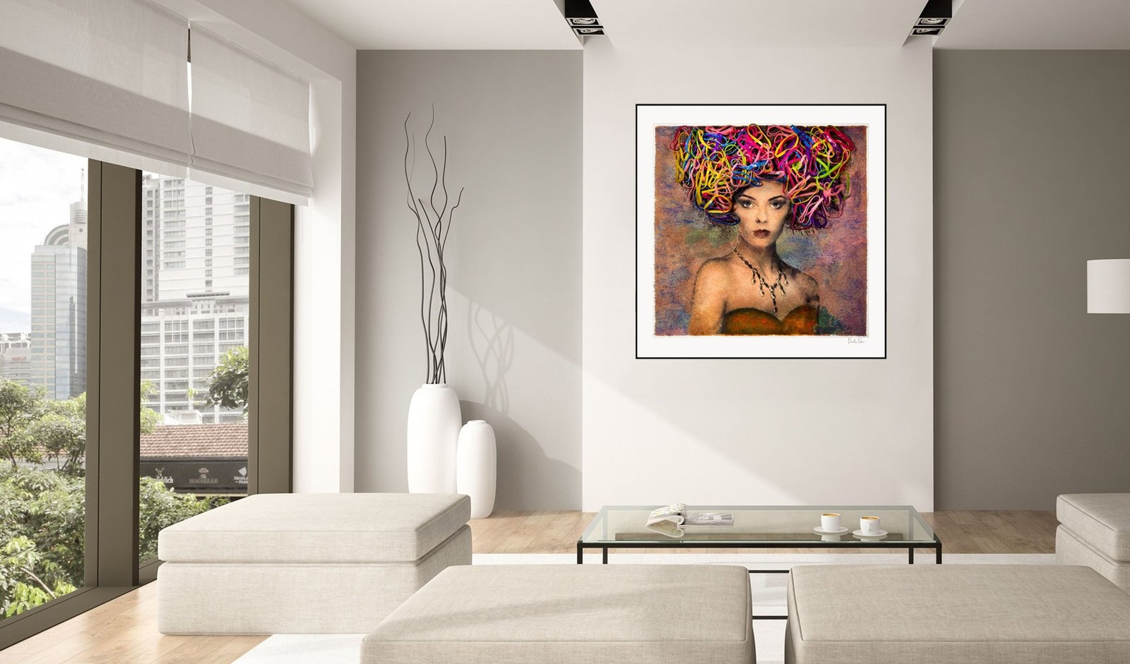 A colourful portrait in a slim natural wood frame in a light living room