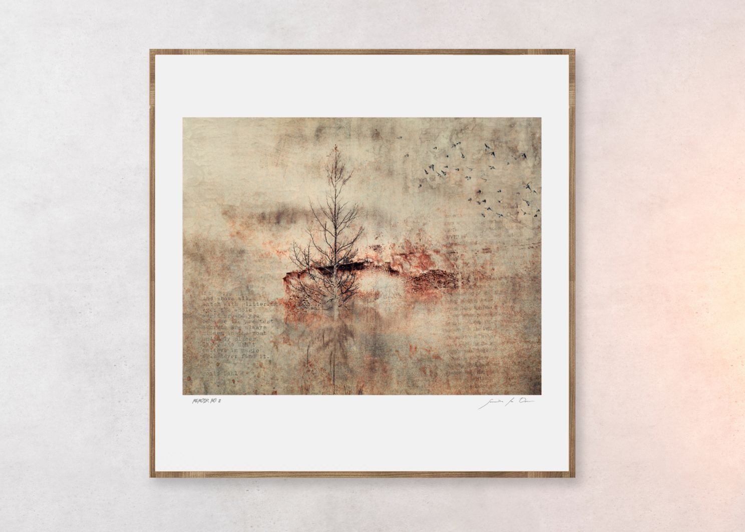 A textured artwork on paper in a slim natural wood frame