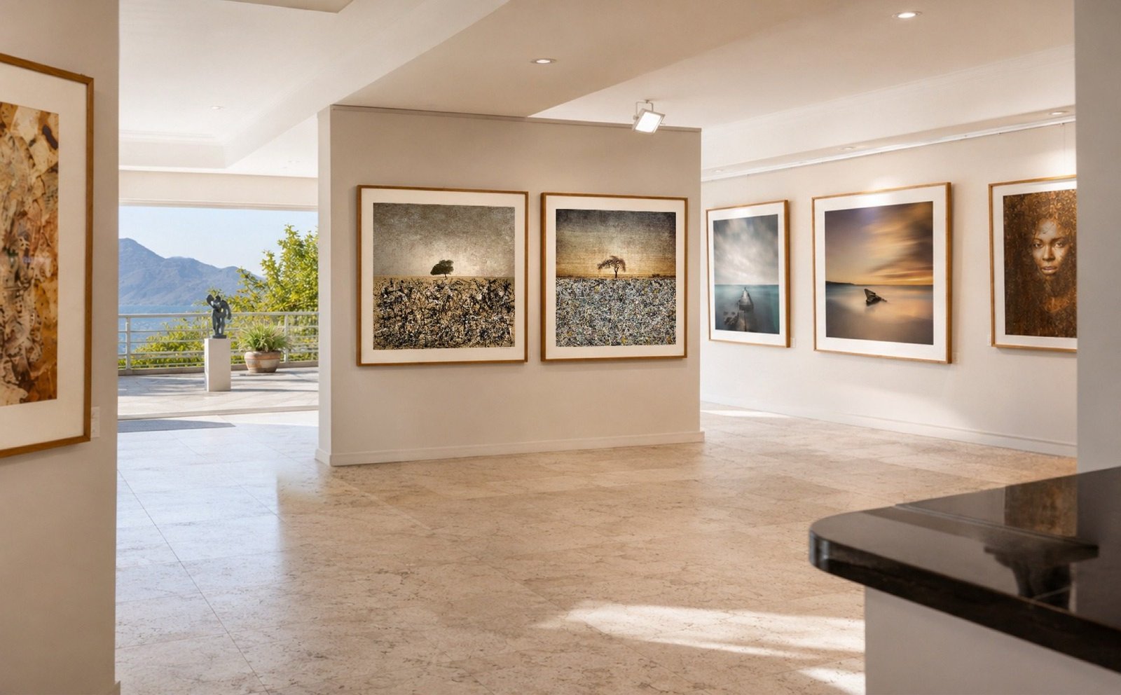 Framed artworks on the walls of Osner Gallery in Hout Bay, with the mountains beyond the doors
