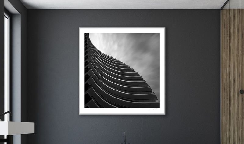Black and white architecture print in a black frame
