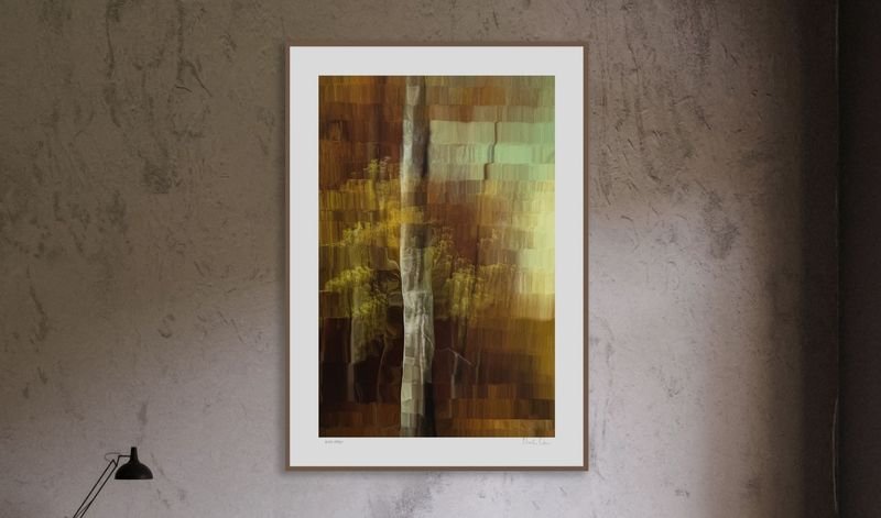 Tall abstract tree print in a white frame with a floating mount