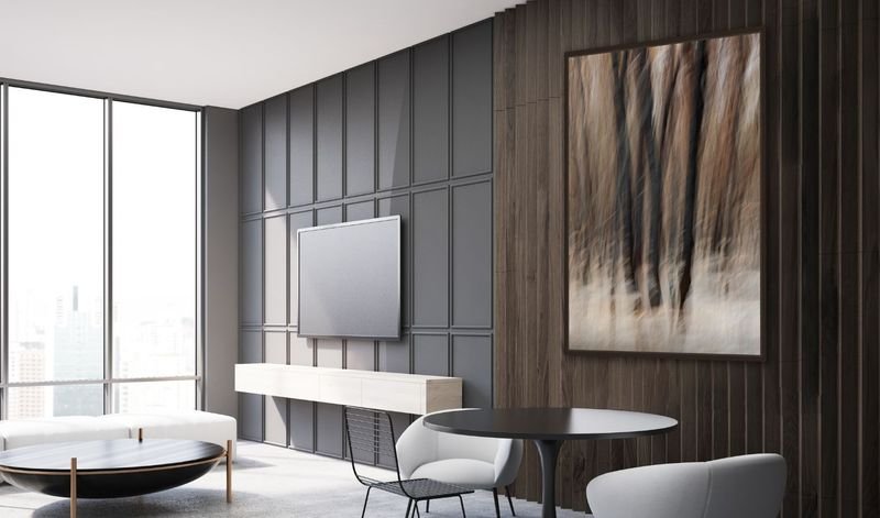 Tall misty trees in a dark lounge with wood panels