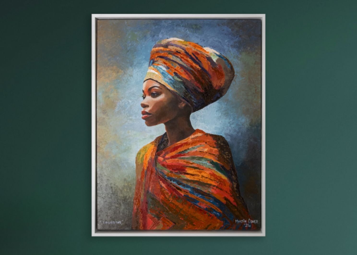 A portrait painting in a slim frame against a dark green wall
