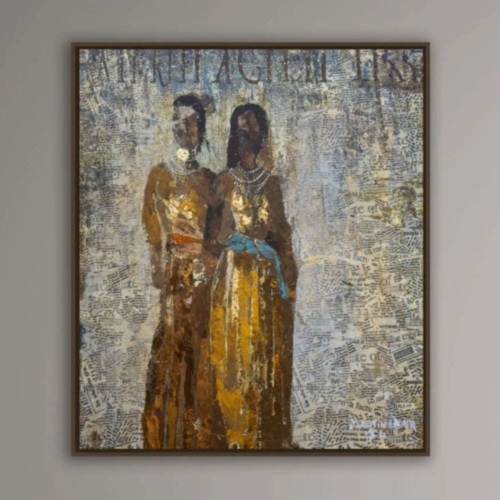 A textured painting of two figures in a dark minimal frame
